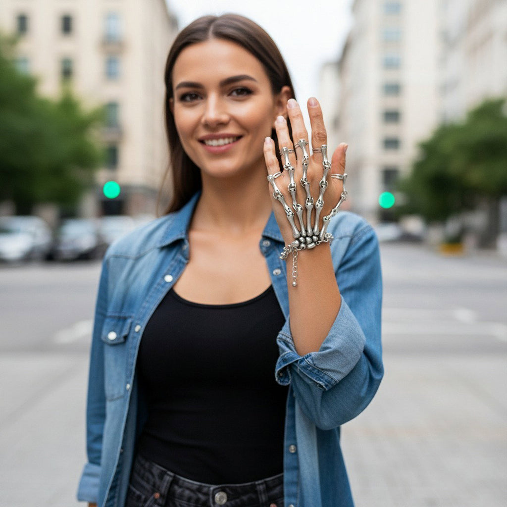 Silver skeleton hand chain bracelet, gothic adjustable statement jewellery