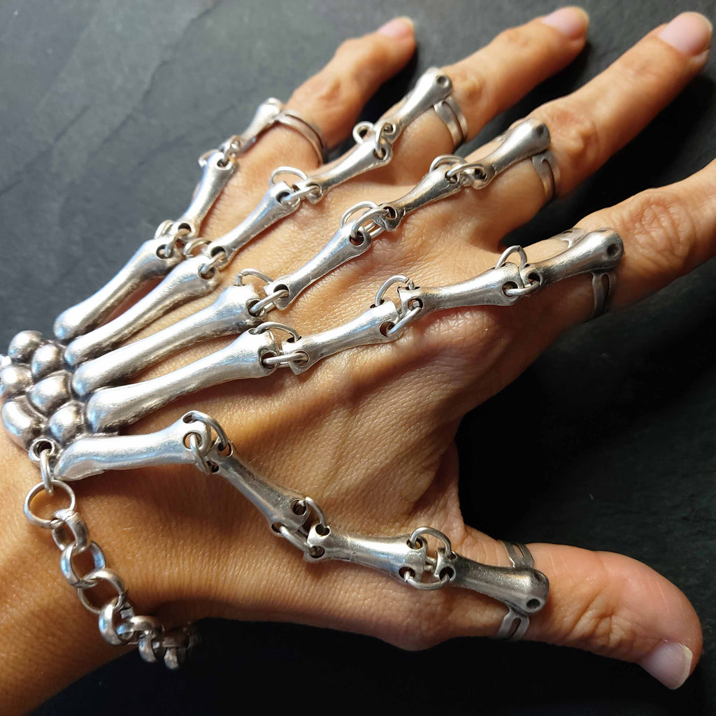 Silver skeleton hand chain bracelet, gothic adjustable statement jewellery