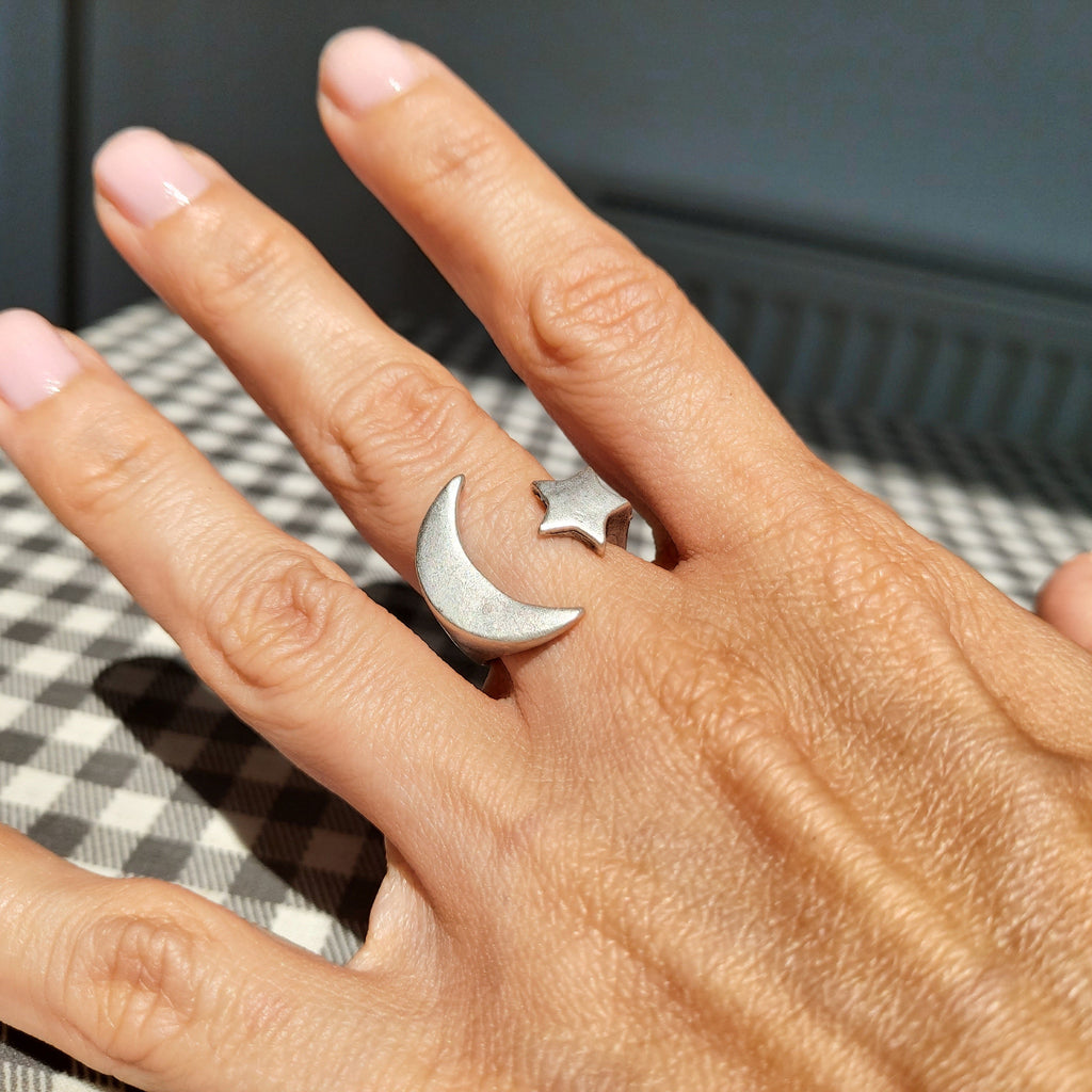Moon and Star Ring | Adjustable Silver Celestial Open Band | Boho Cosmic Statement