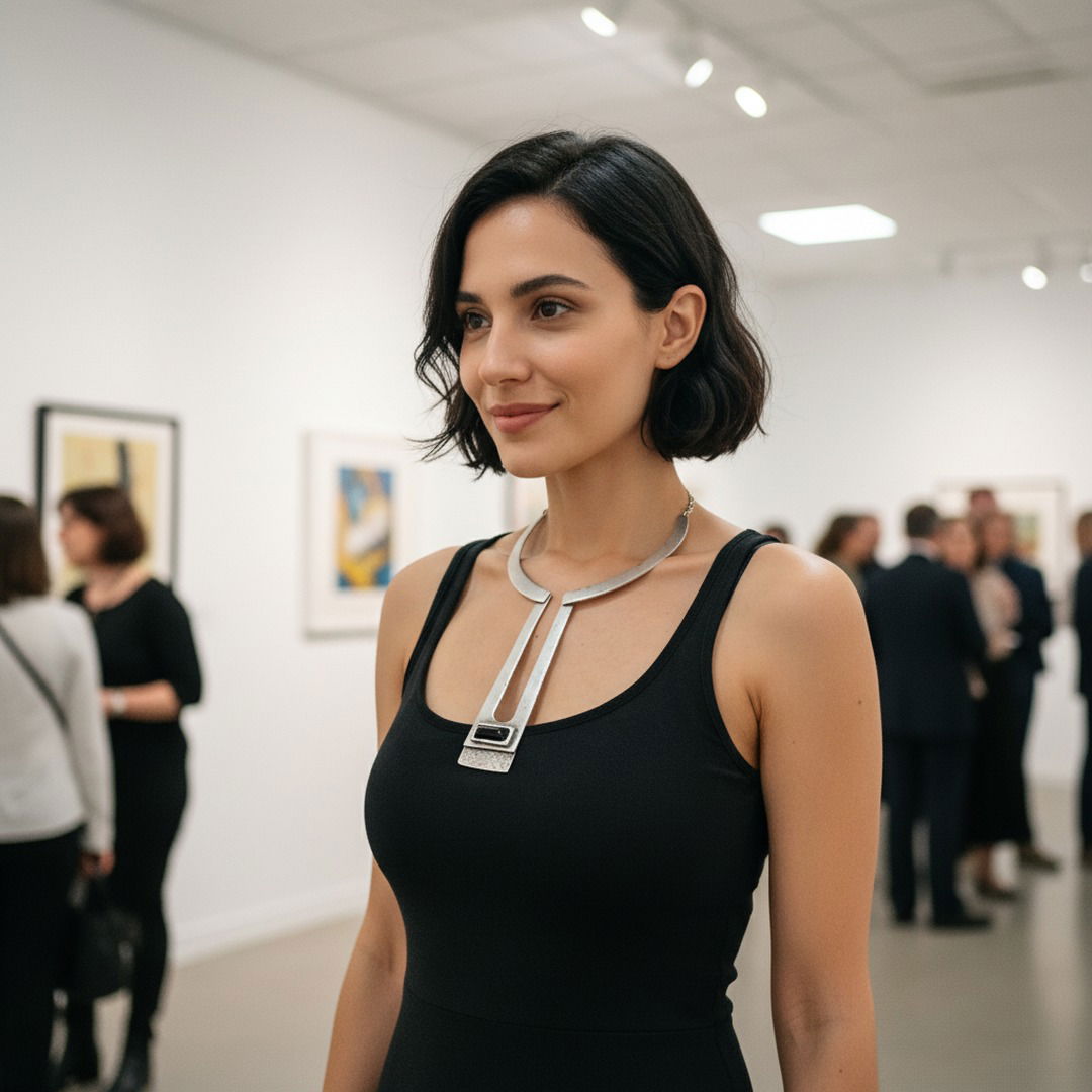Sculptural silver obelisk necklace, brutalist geometric avant garde collar