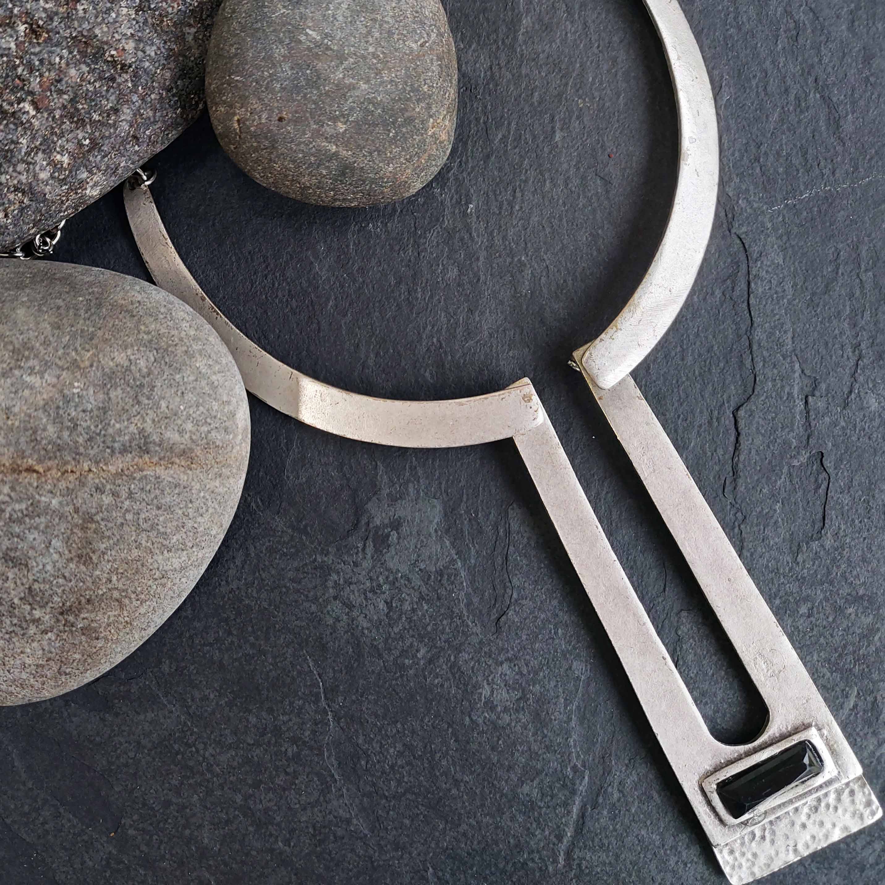 Sculptural silver obelisk necklace, brutalist geometric avant garde collar