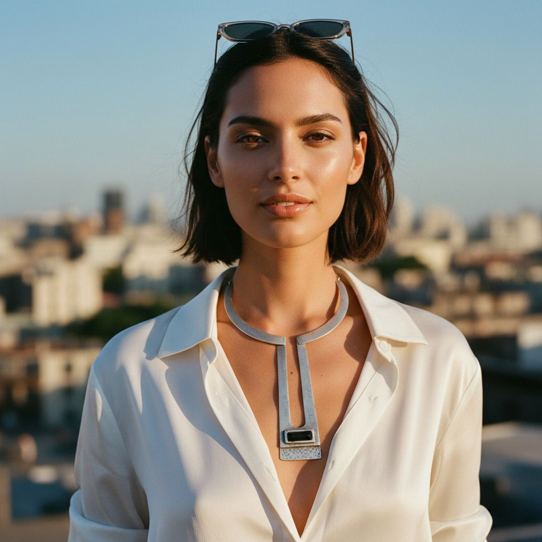 Sculptural silver obelisk necklace, brutalist geometric avant garde collar