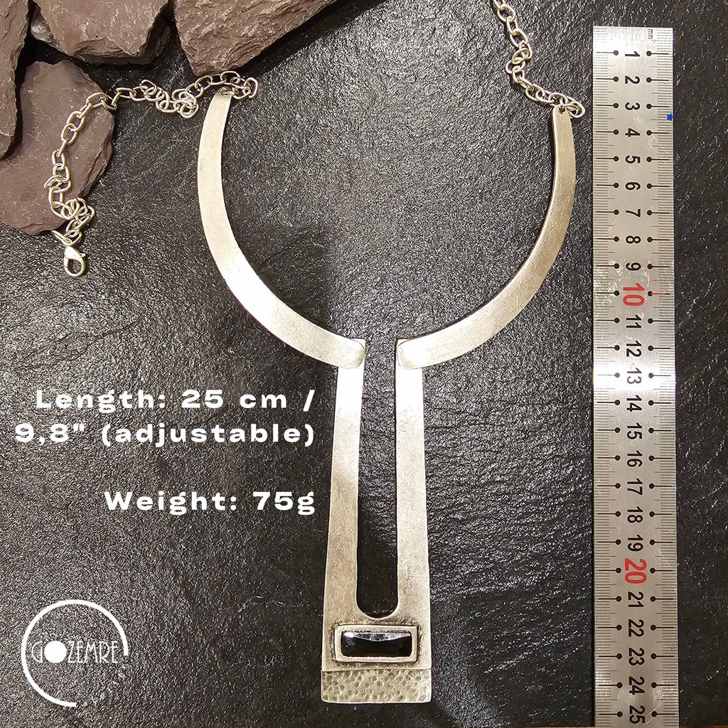 Sculptural silver obelisk necklace, brutalist geometric avant garde collar