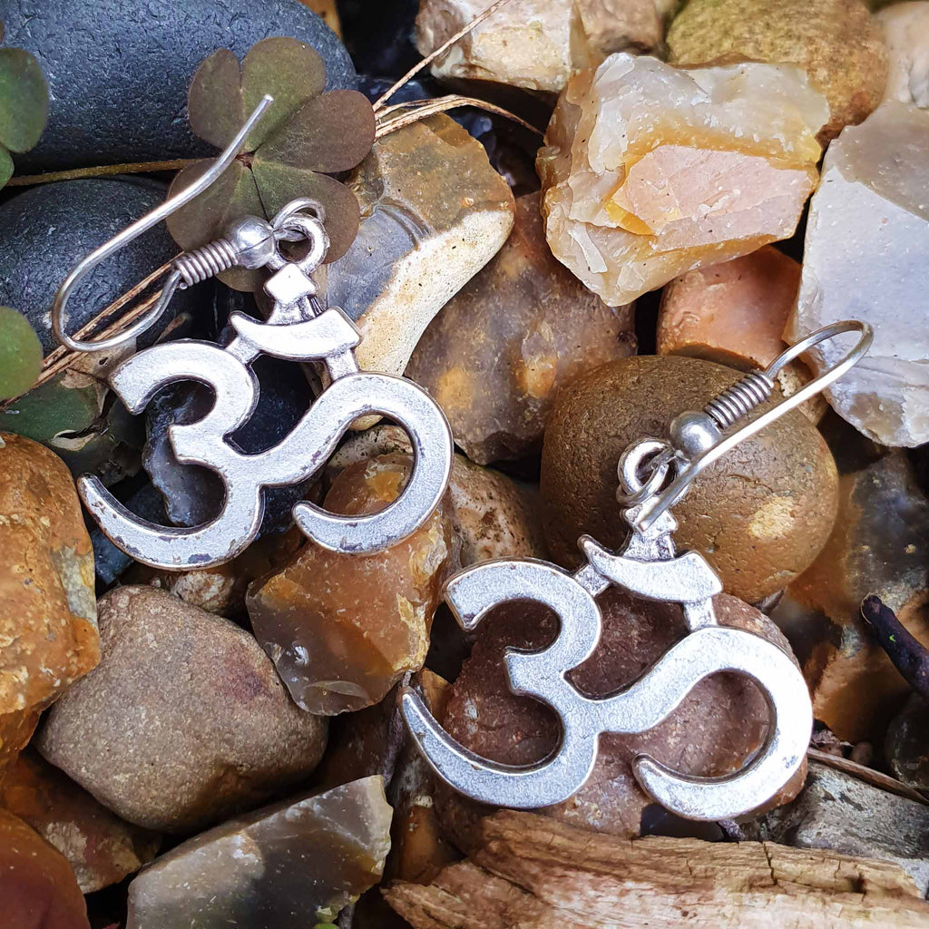 Om symbol silver earrings, yoga spiritual boho zen meditation dangle