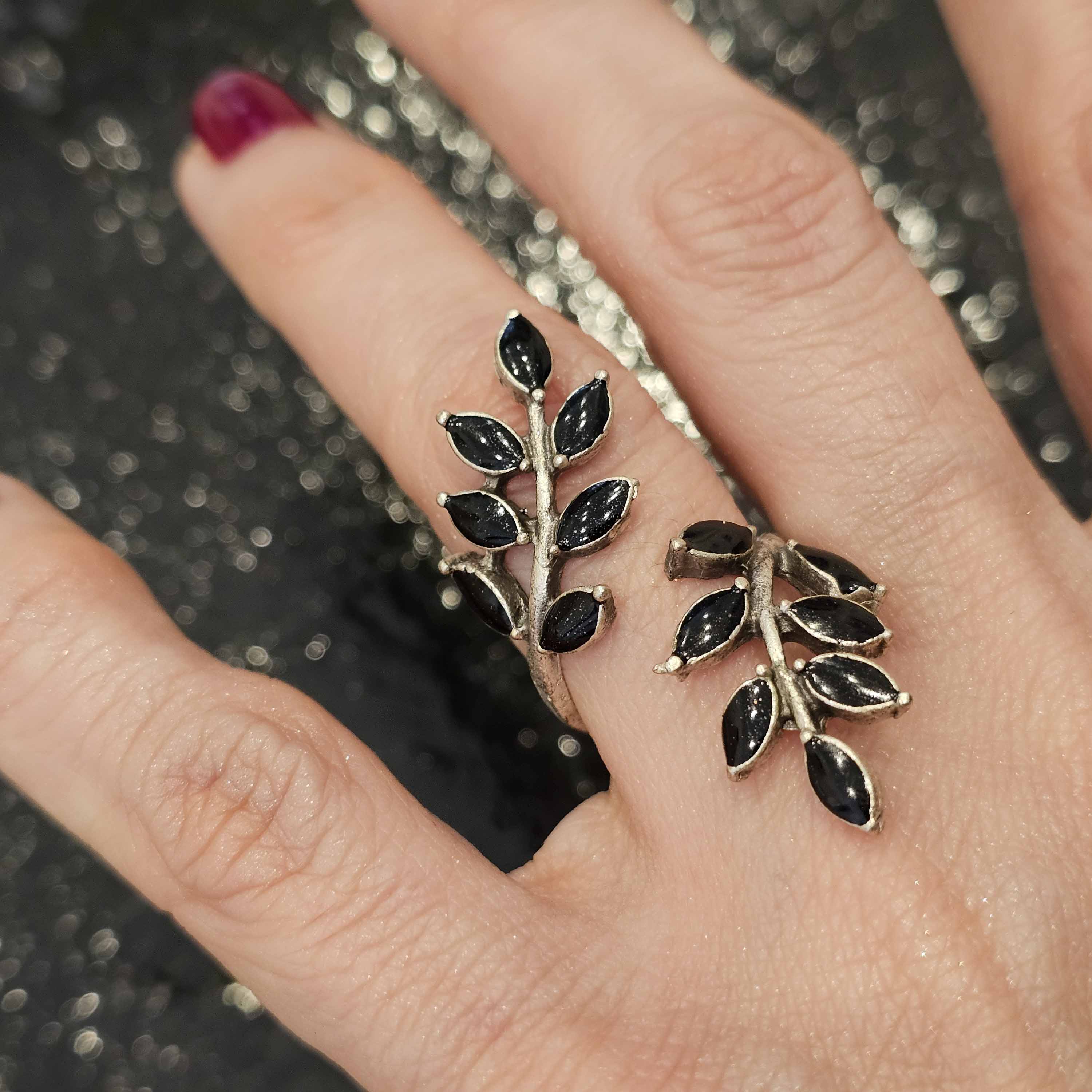 Leaf branch ring, silver boho adjustable wrap statement ring