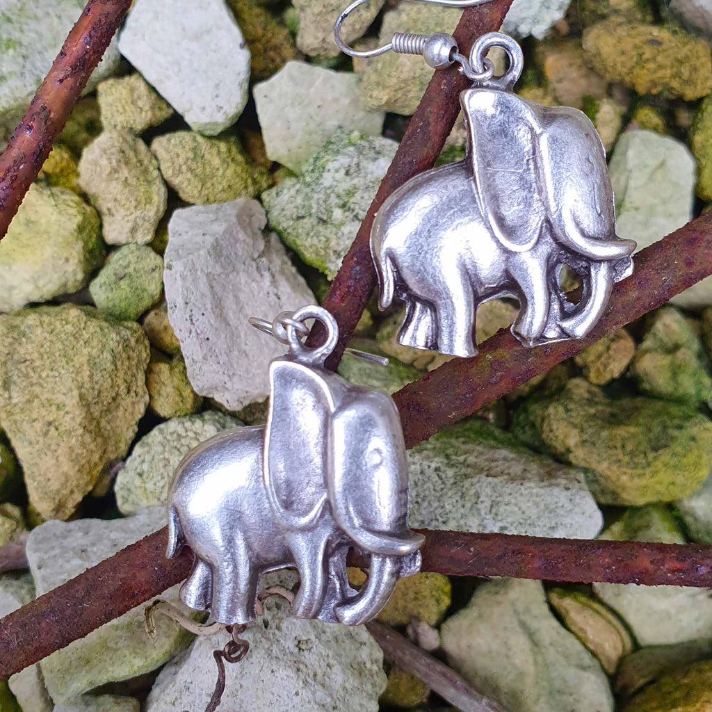 Silver elephant earrings, tribal animal charm boho spiritual dangle