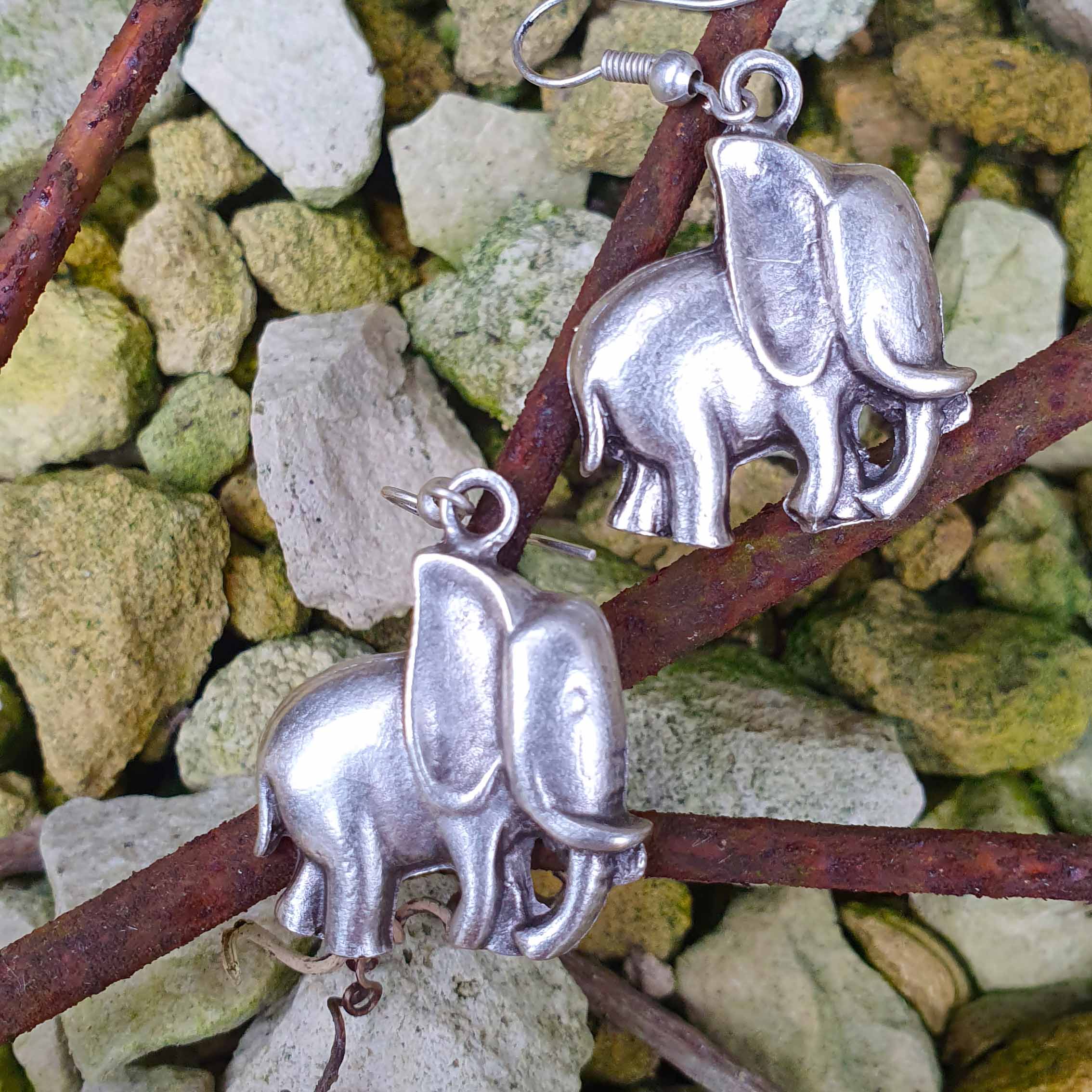 Silver elephant earrings, tribal animal charm boho spiritual dangle