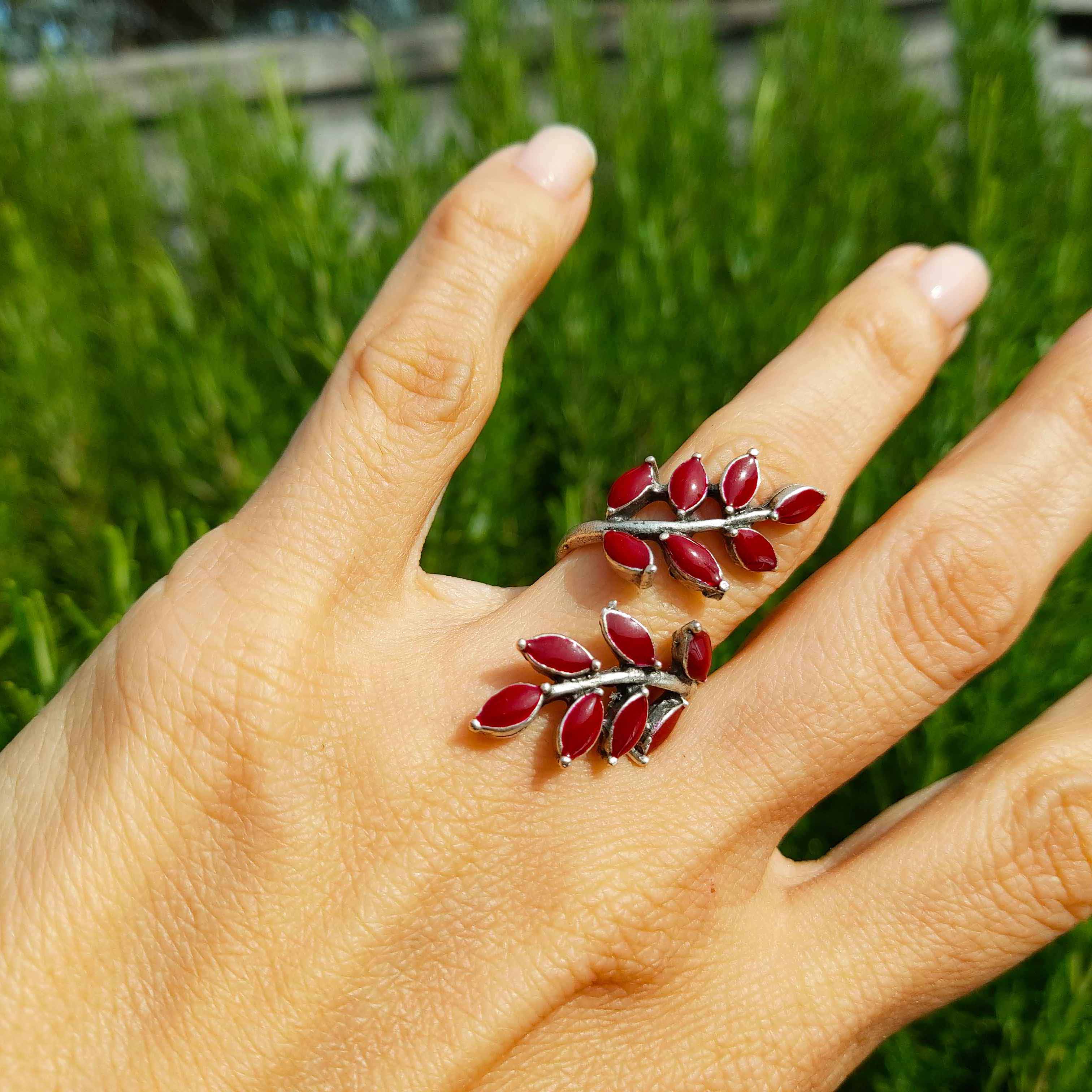Leaf branch ring, silver boho adjustable wrap statement ring
