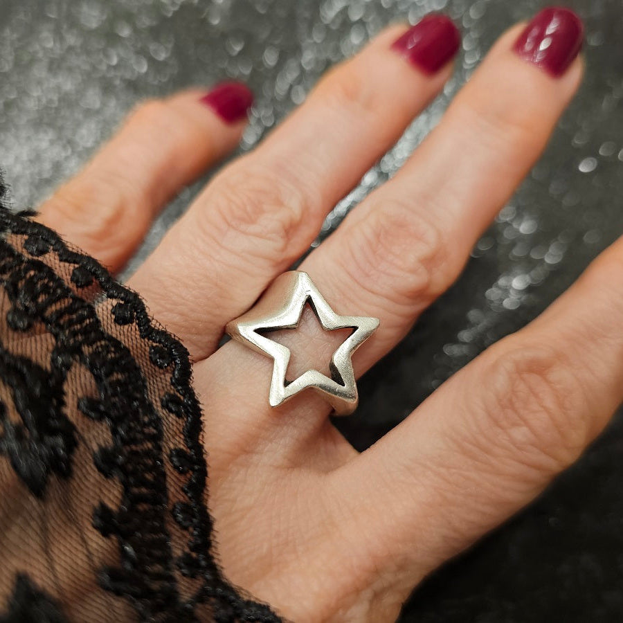 Star ring, chunky silver adjustable celestial boho statement ring