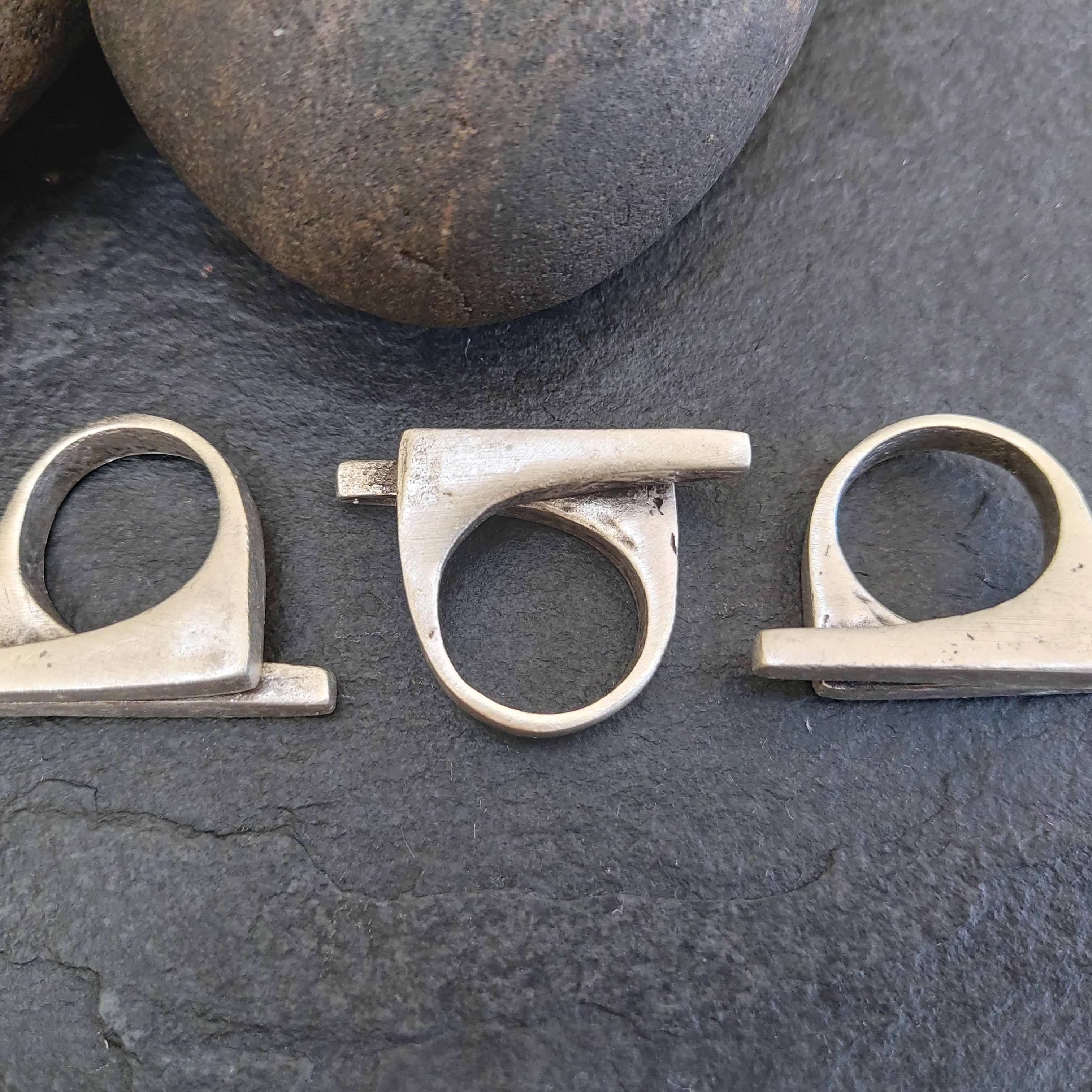 Double bar ring, parallel lines minimalist brutalist sculptural statement