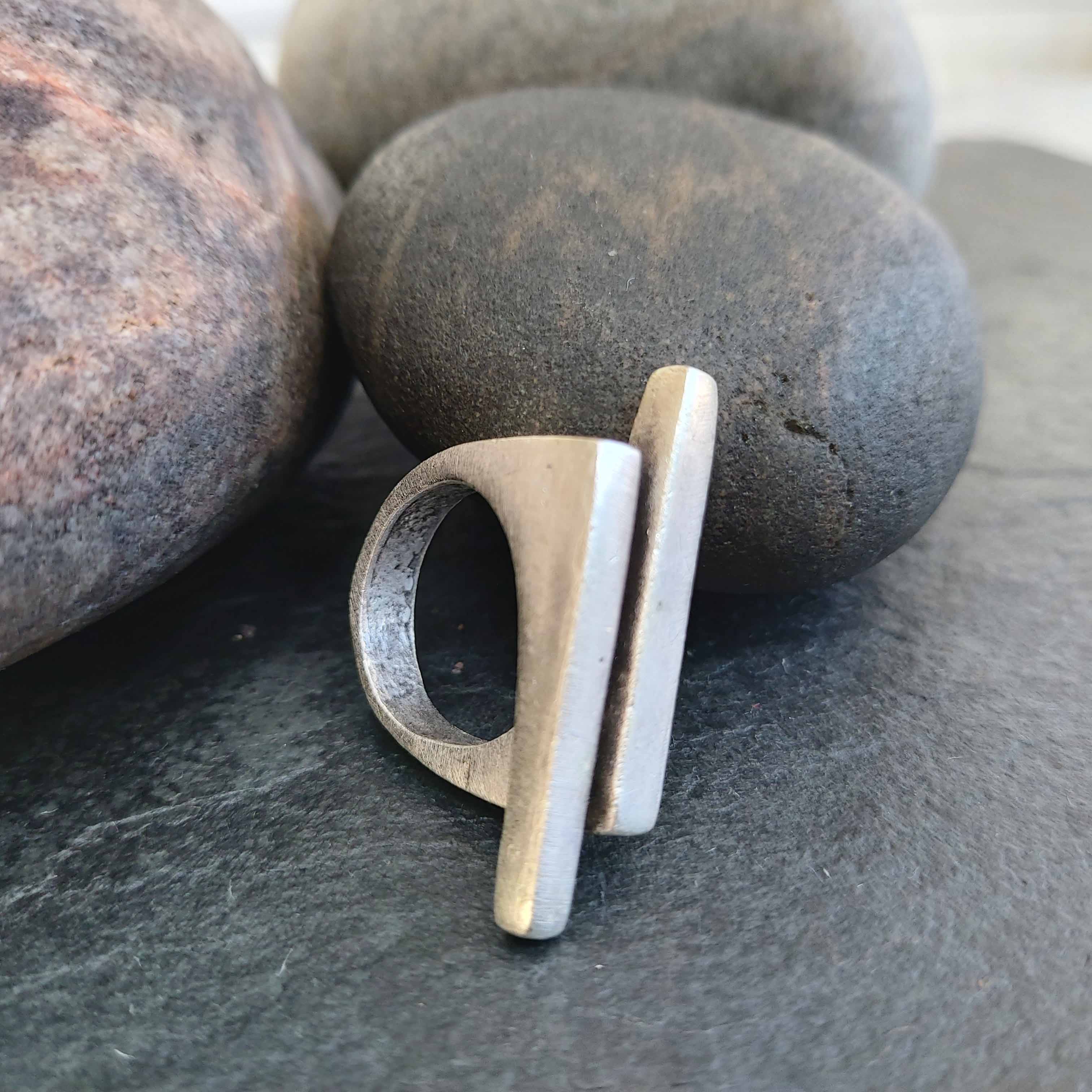 Double bar ring, parallel lines minimalist brutalist sculptural statement