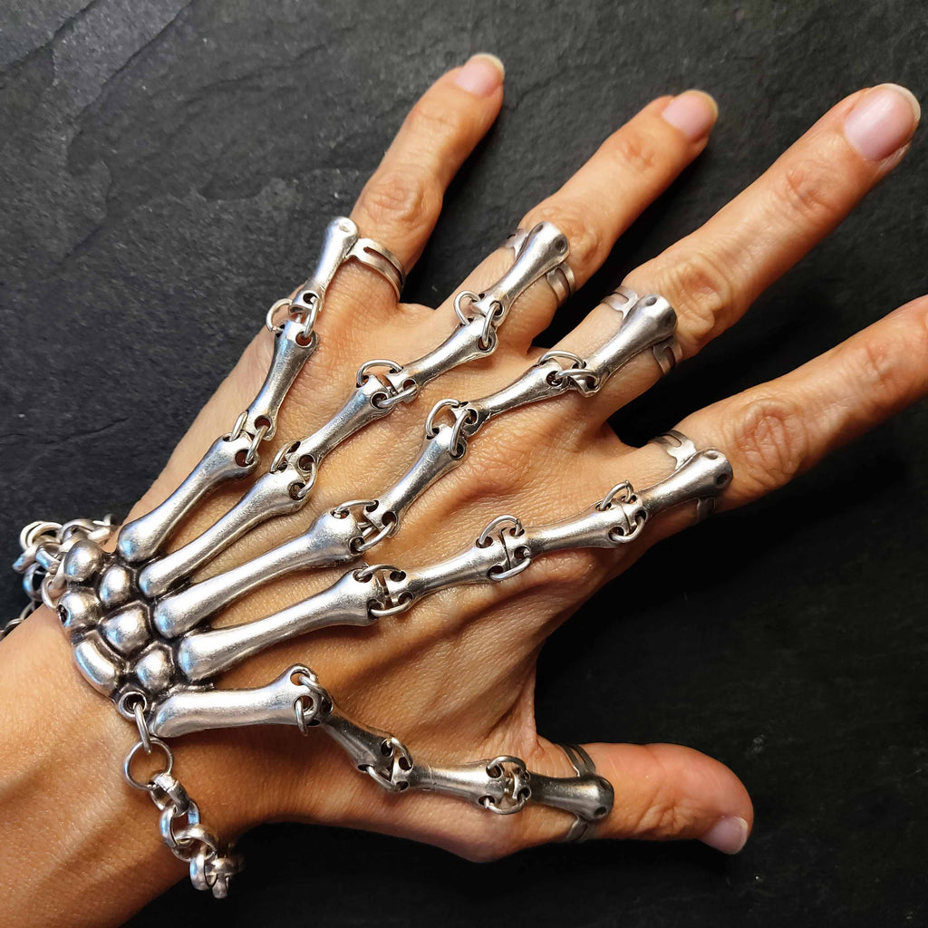 Silver skeleton hand chain bracelet, gothic adjustable statement jewellery