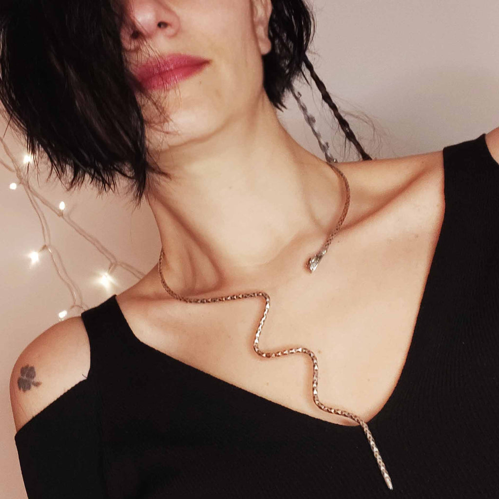 Snake ouroboros necklace, silver serpent chain adjustable statement jewellery