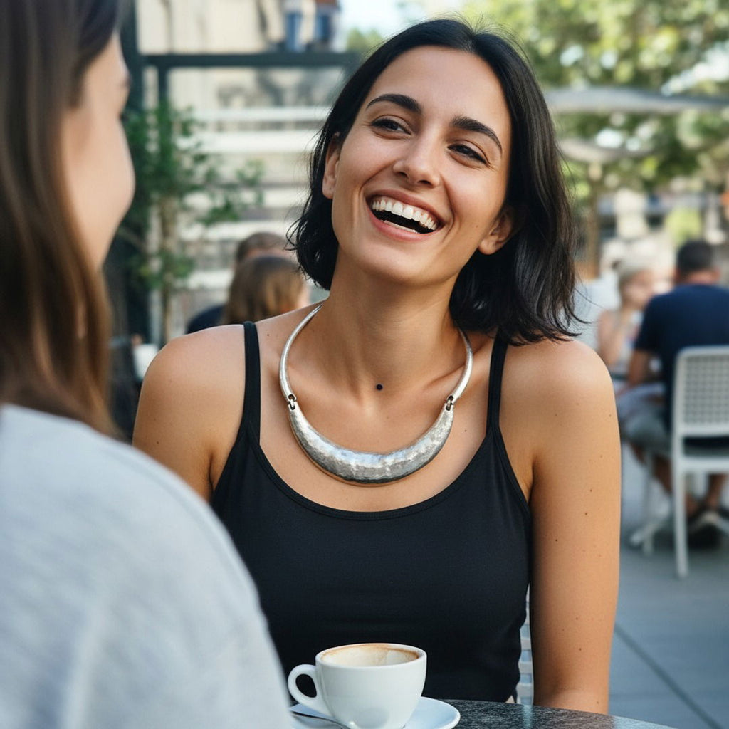 Silver torque necklace, chunky crescent collar brutalist choker