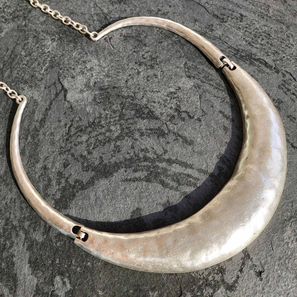 Silver torque necklace, chunky crescent collar brutalist choker