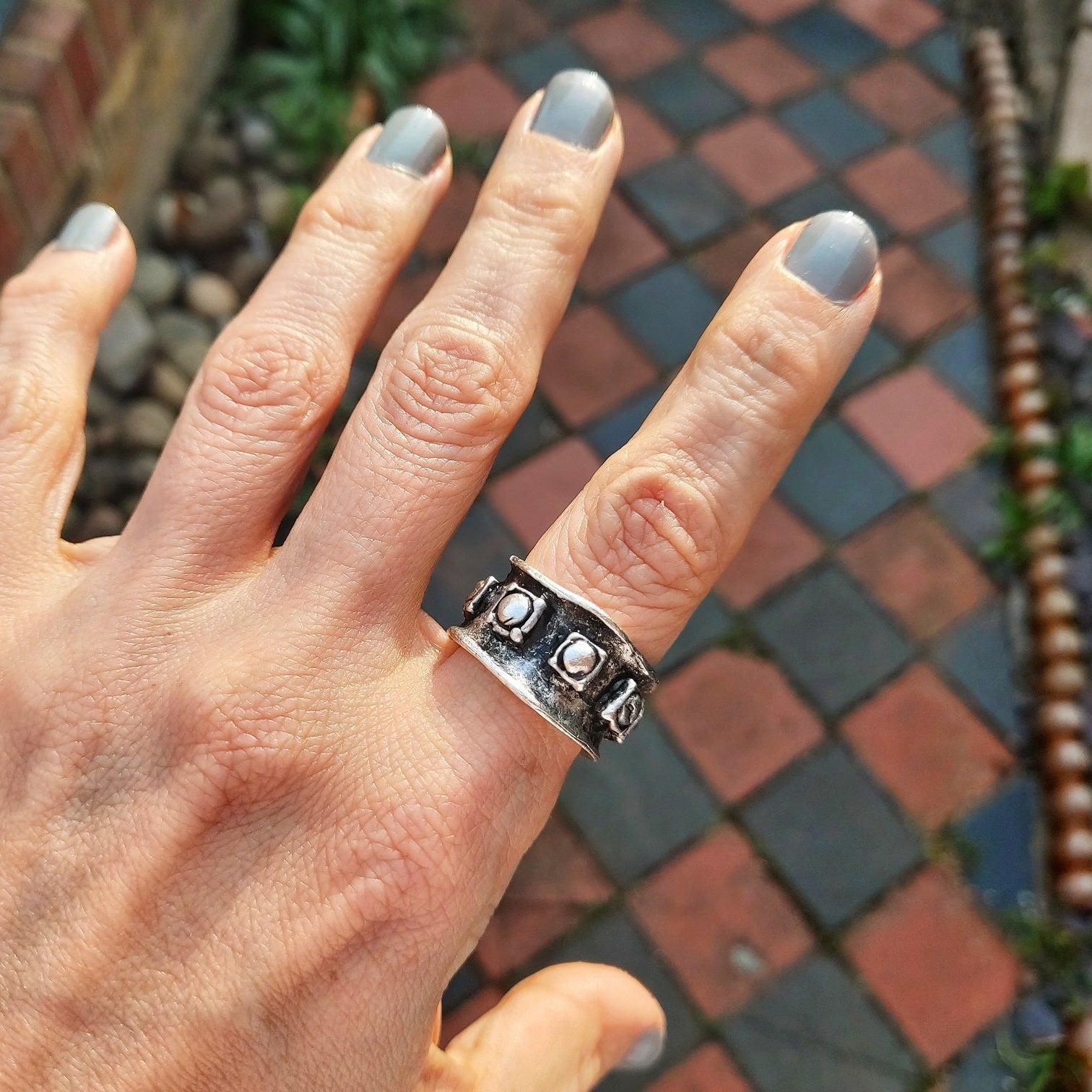 Silver shield ring, raw engraved medieval band adjustable chunky brutalist ring