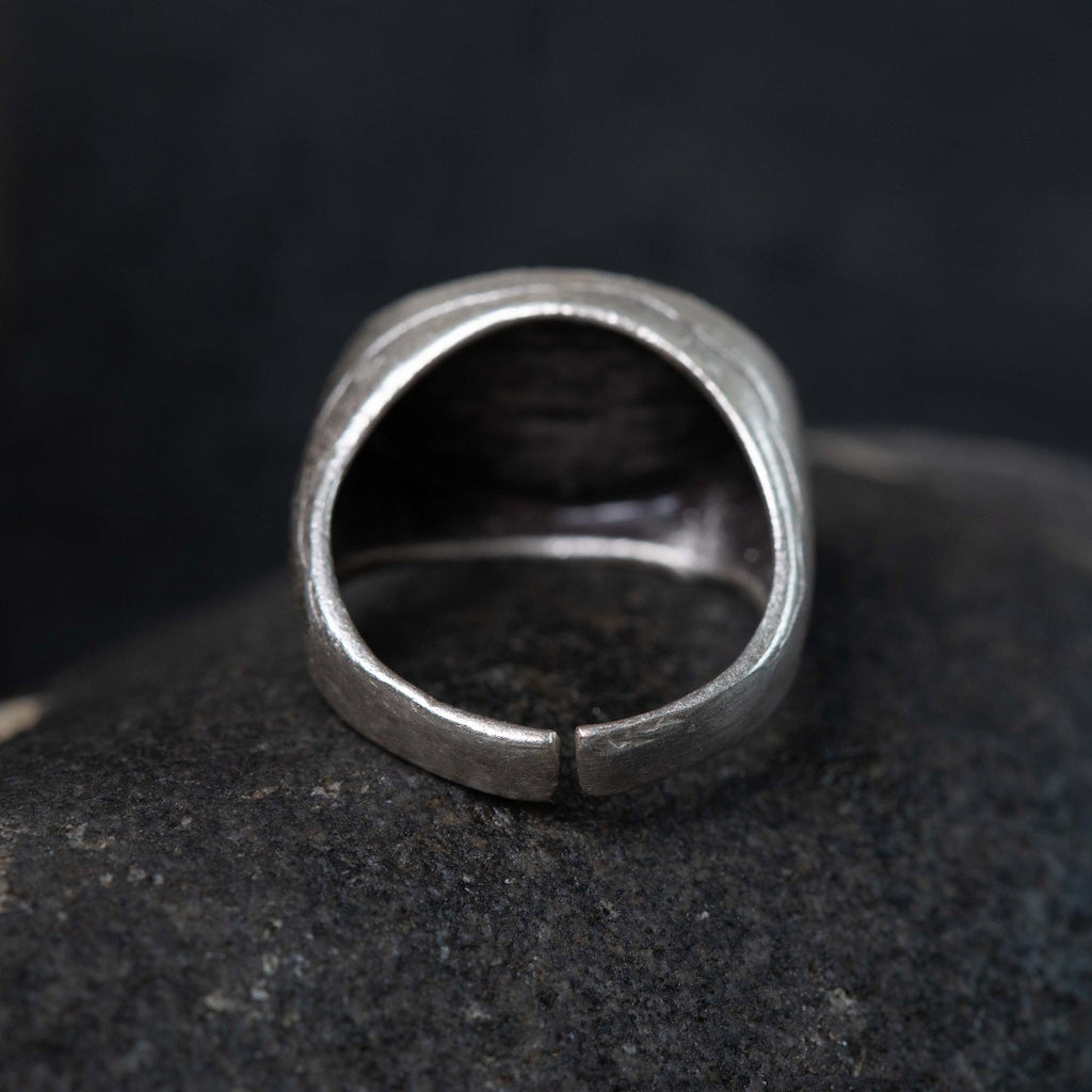 Oval signet ring, brushed textured brutalist adjustable silver pinky ring