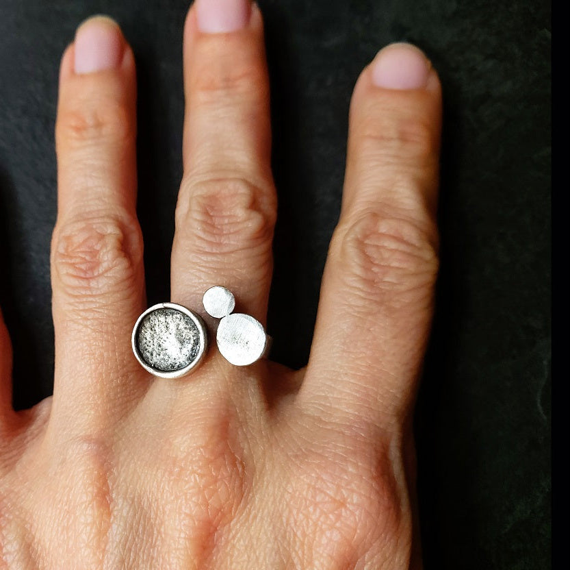 Asymmetric circle ring, moon disc brutalist adjustable silver wearable art