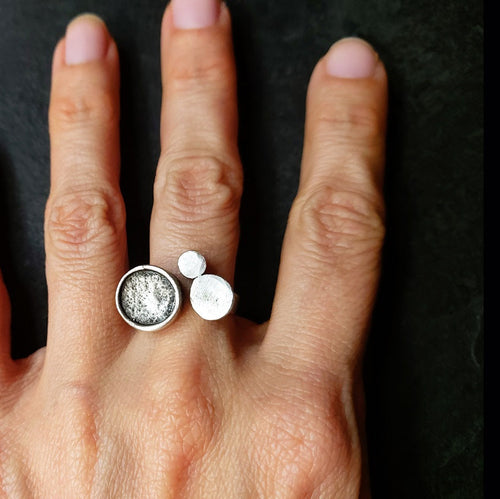 Asymmetric circle ring, moon disc brutalist adjustable silver wearable art