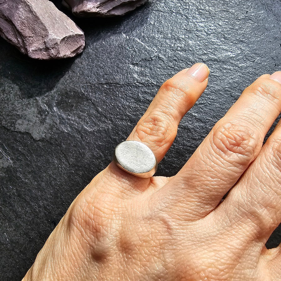 Oval signet ring, brushed textured brutalist adjustable silver pinky ring