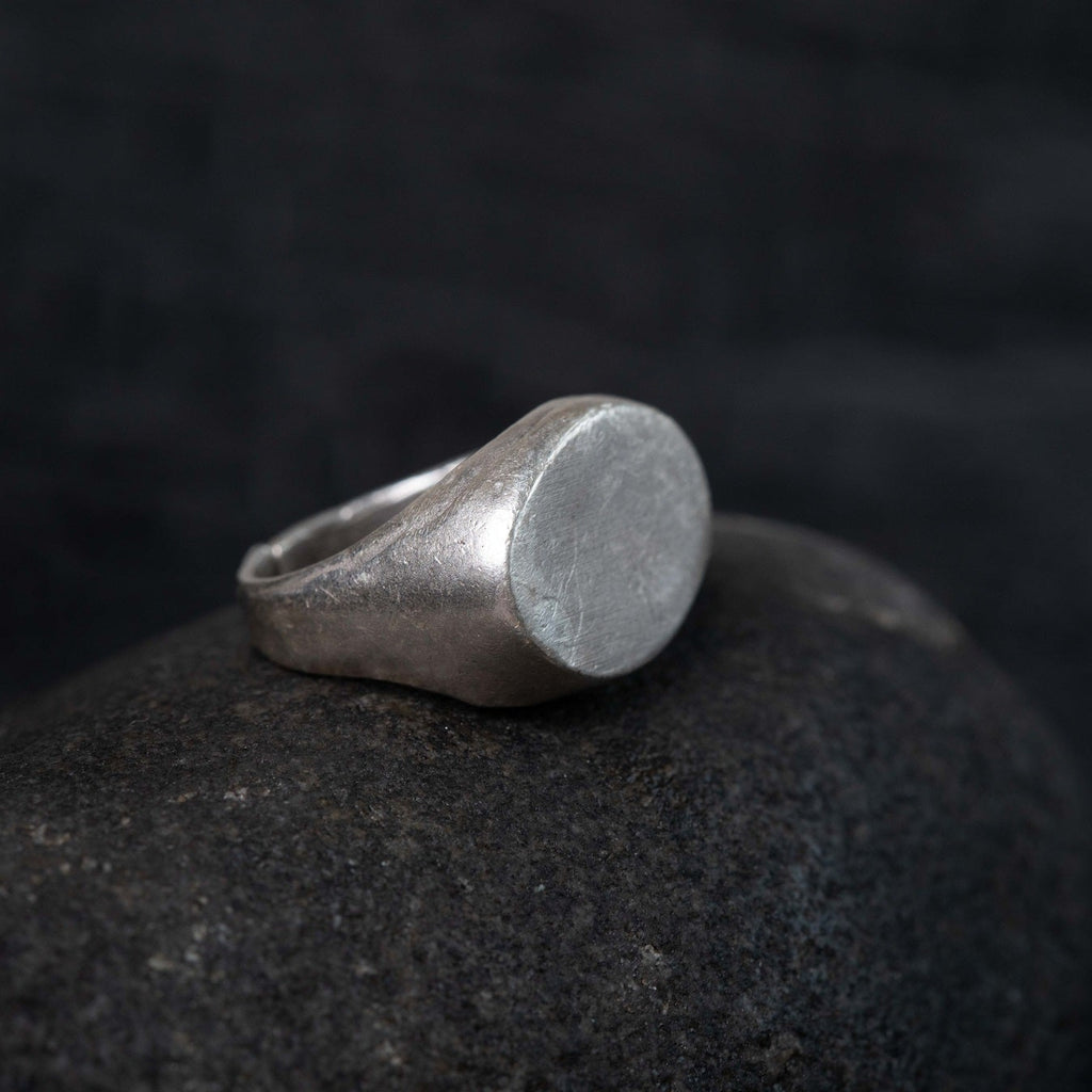 Oval signet ring, brushed textured brutalist adjustable silver pinky ring