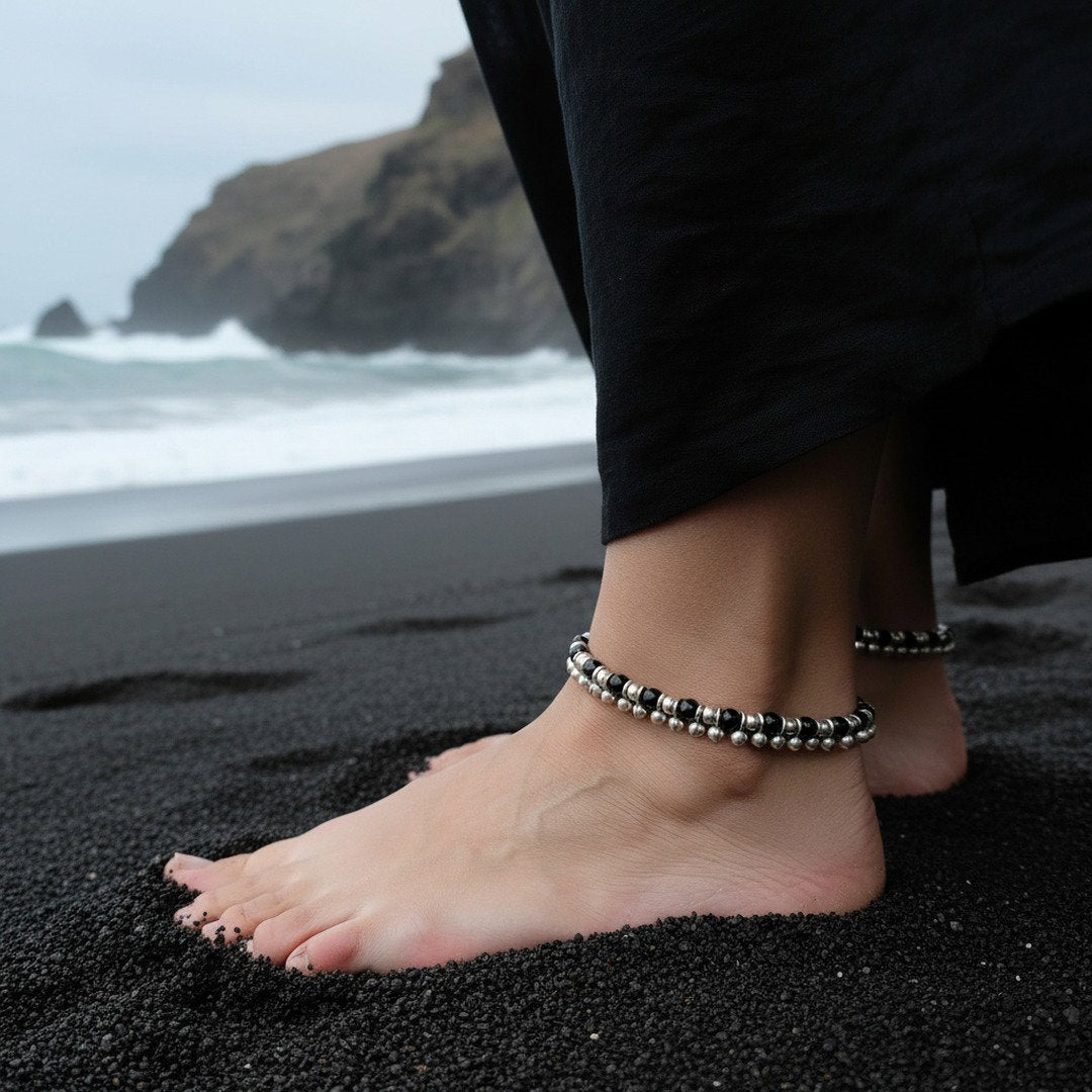 Black bead and silver charm anklet, boho beach foot jewellery