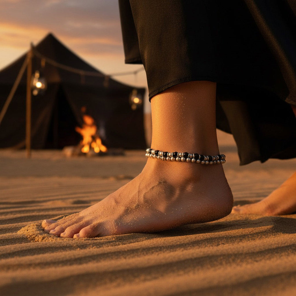 Black bead and silver charm anklet, boho beach foot jewellery