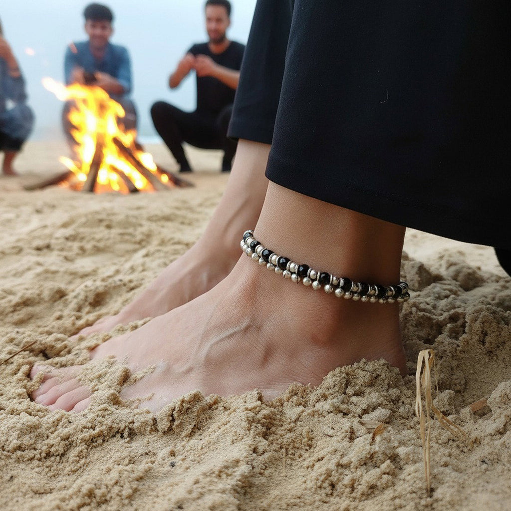 Black bead and silver charm anklet, boho beach foot jewellery