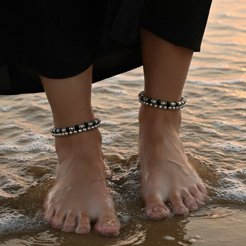 Black bead and silver charm anklet, boho beach foot jewellery
