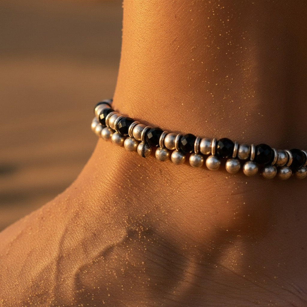 Black bead and silver charm anklet, boho beach foot jewellery
