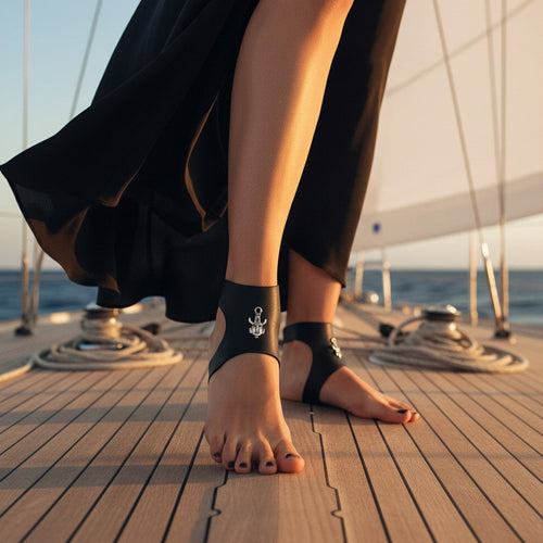 Black leather ankle wrap with silver charm, summer body jewellery