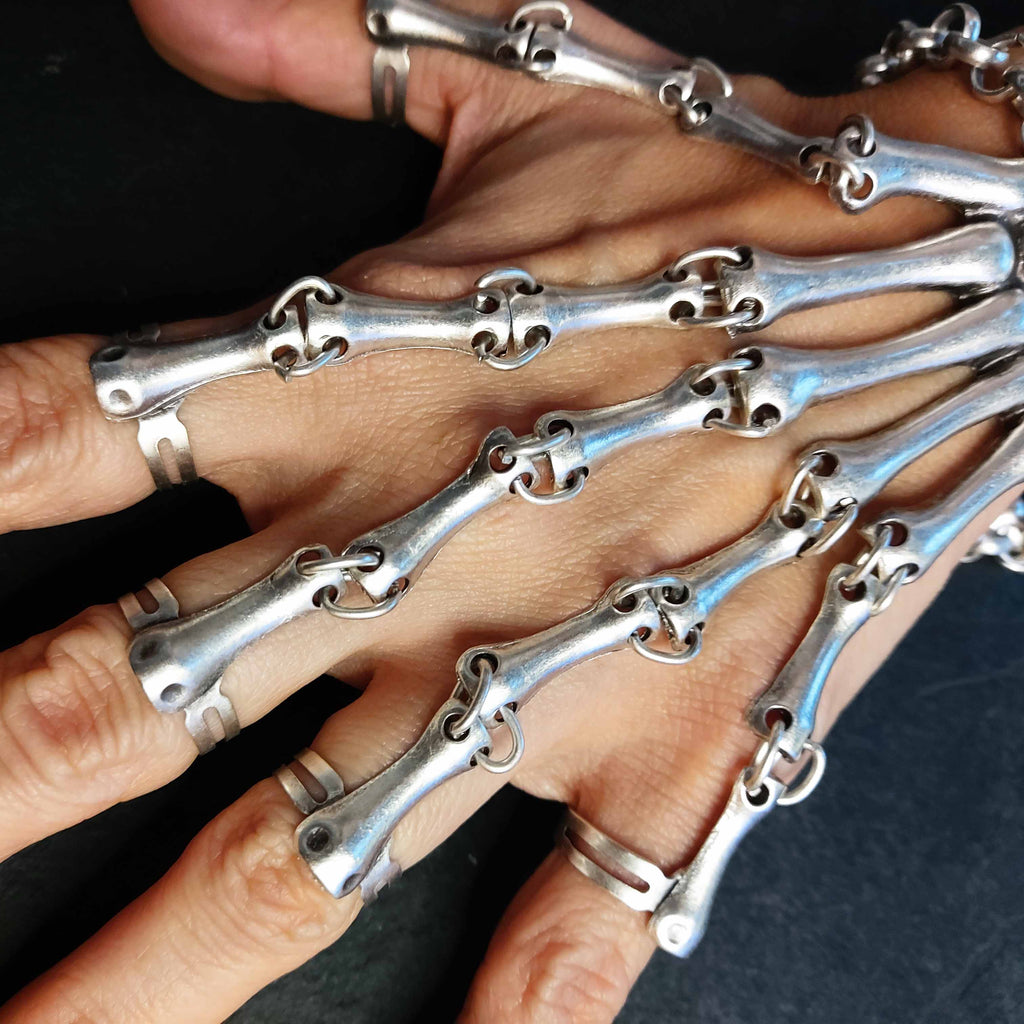 Silver skeleton hand chain bracelet, gothic adjustable statement jewellery