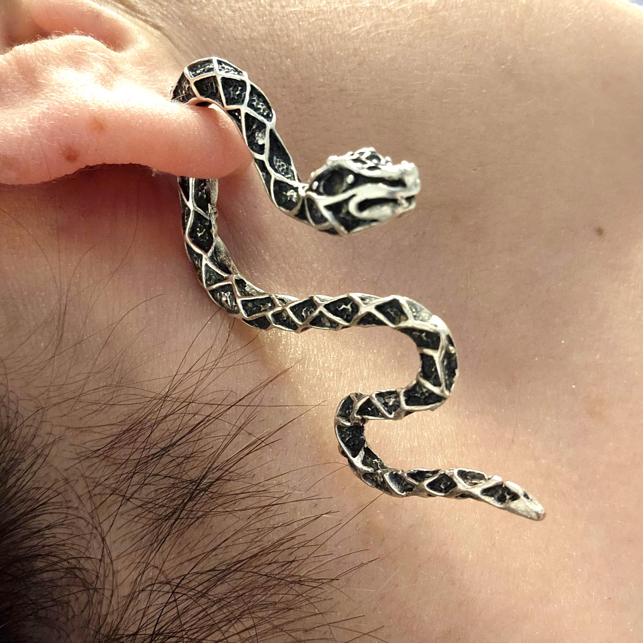 Snake ear climber earrings, gothic serpent front back studs grunge punk statement
