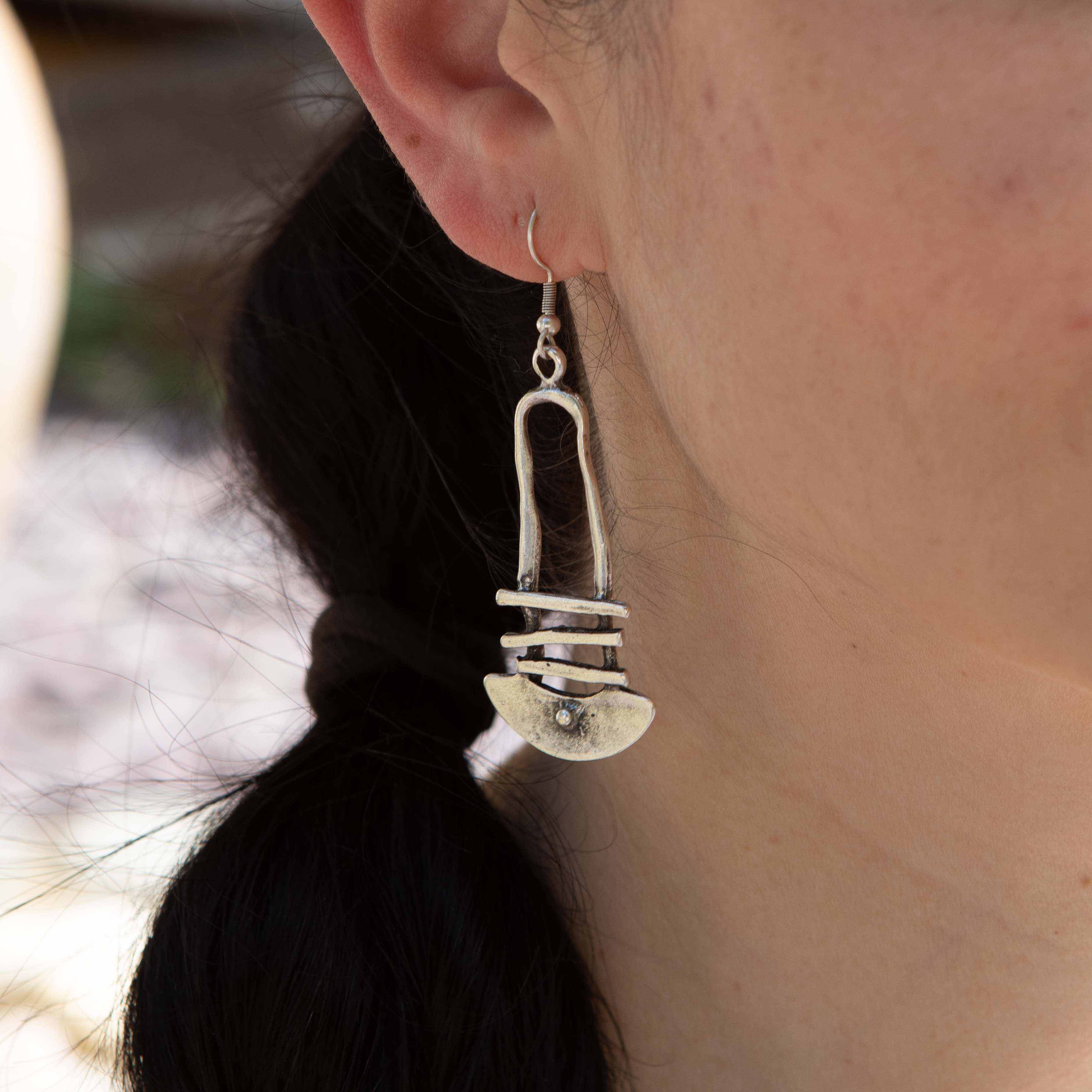 Silver architectural dangle earrings, long tribal bohemian shield drop