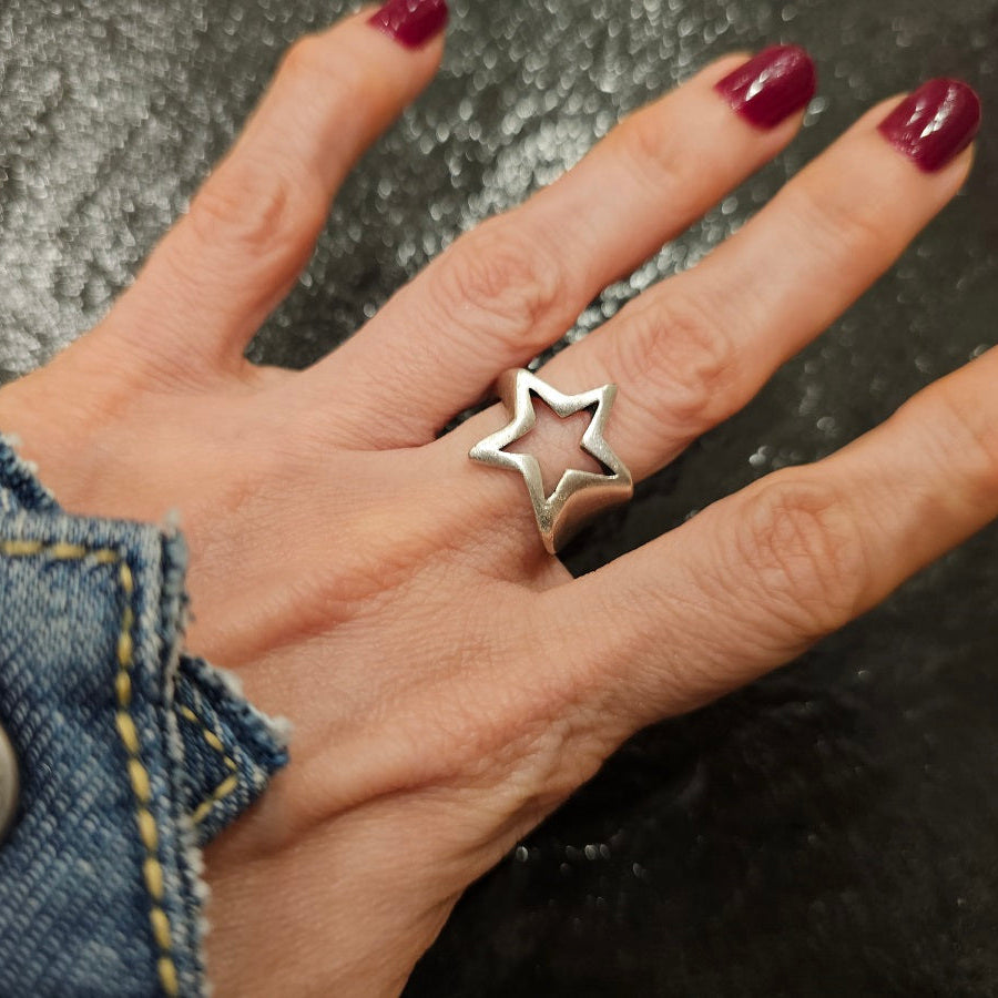 Star ring, chunky silver adjustable celestial boho statement ring