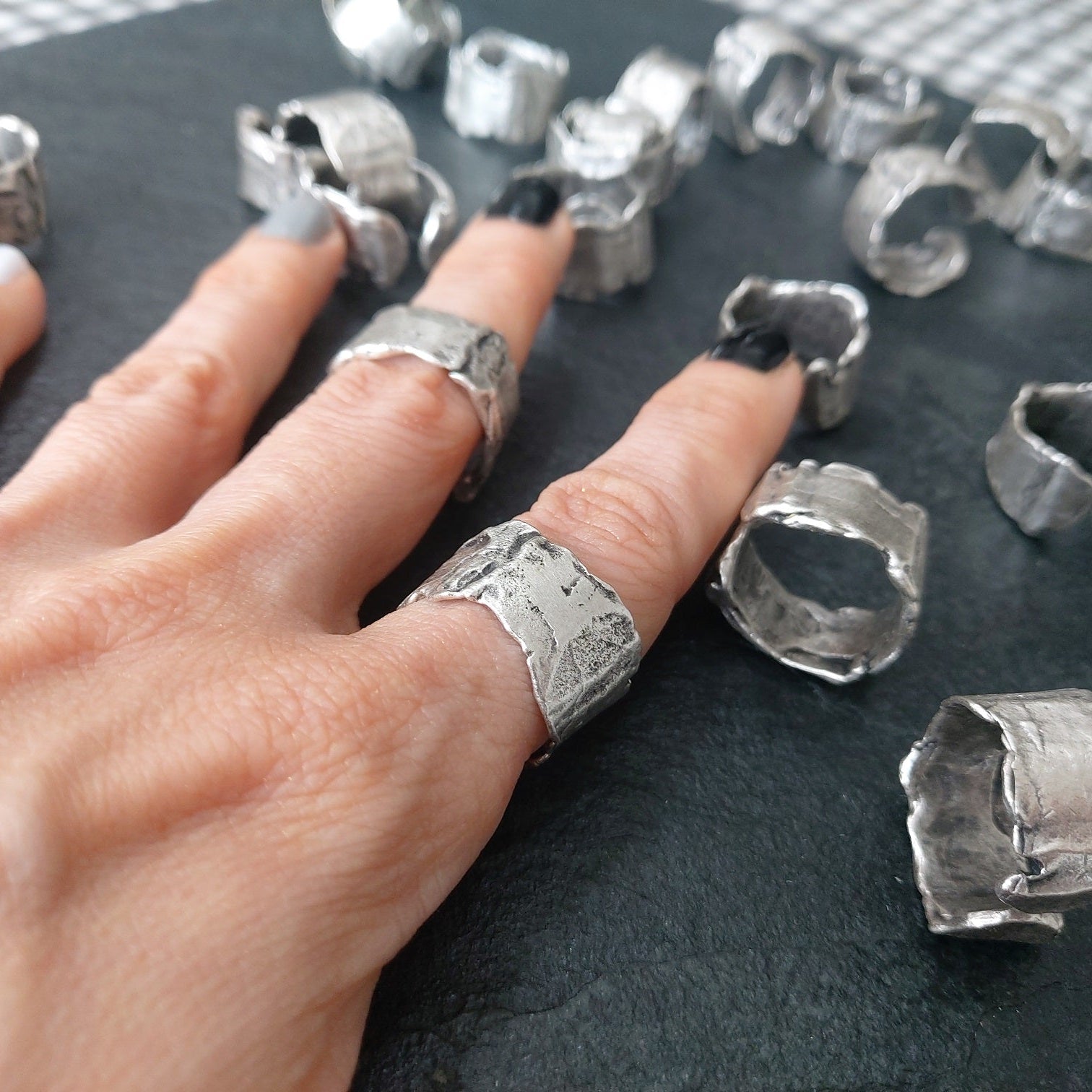 Brutalist ring, raw textured artisan band adjustable silver modernist statement