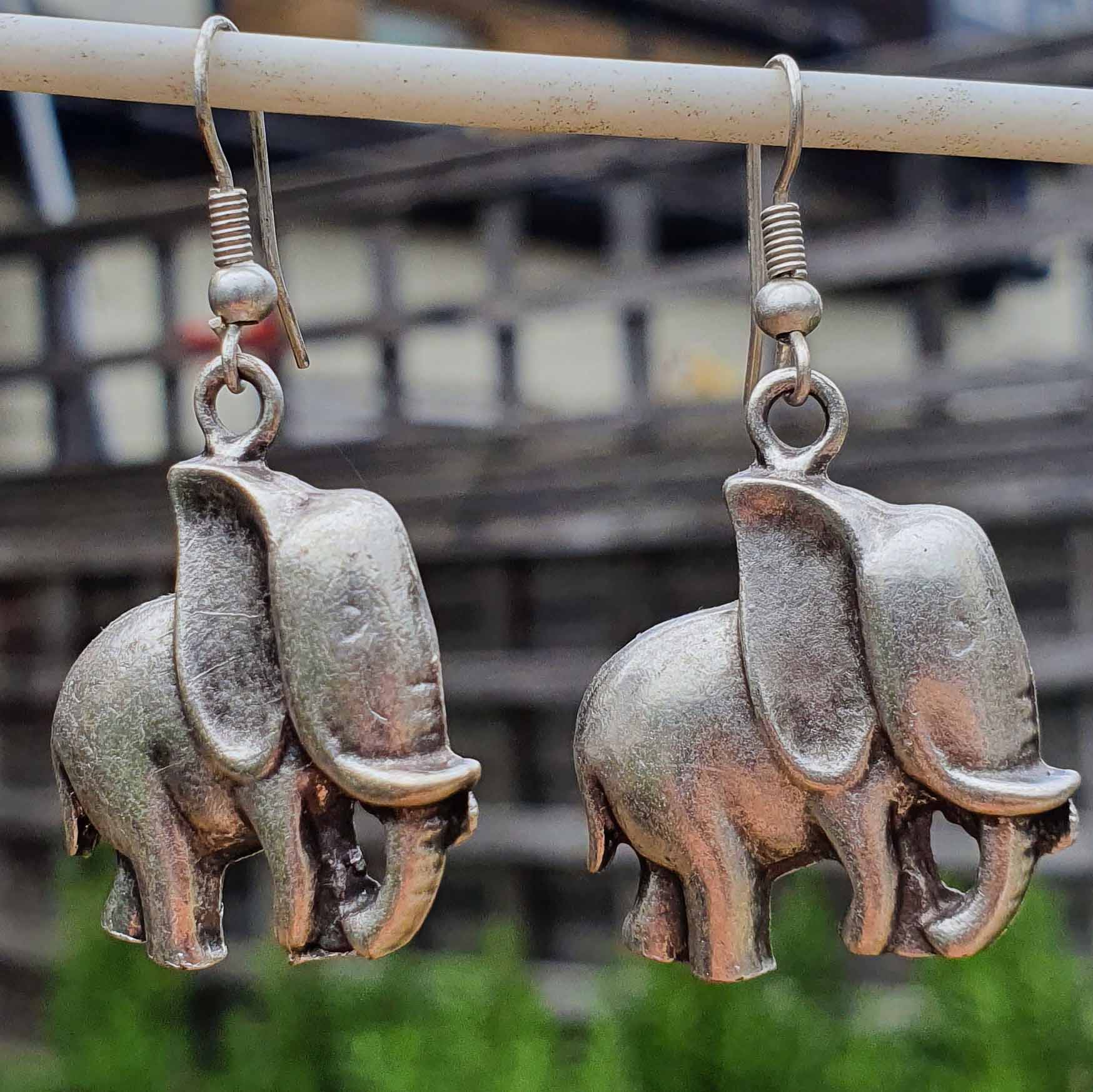 Silver elephant earrings, tribal animal charm boho spiritual dangle