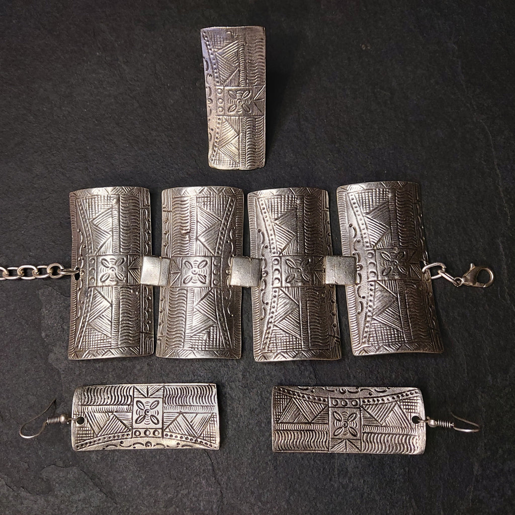 Wide Engraved Silver Bracelet | Tribal Panel Boho Statement