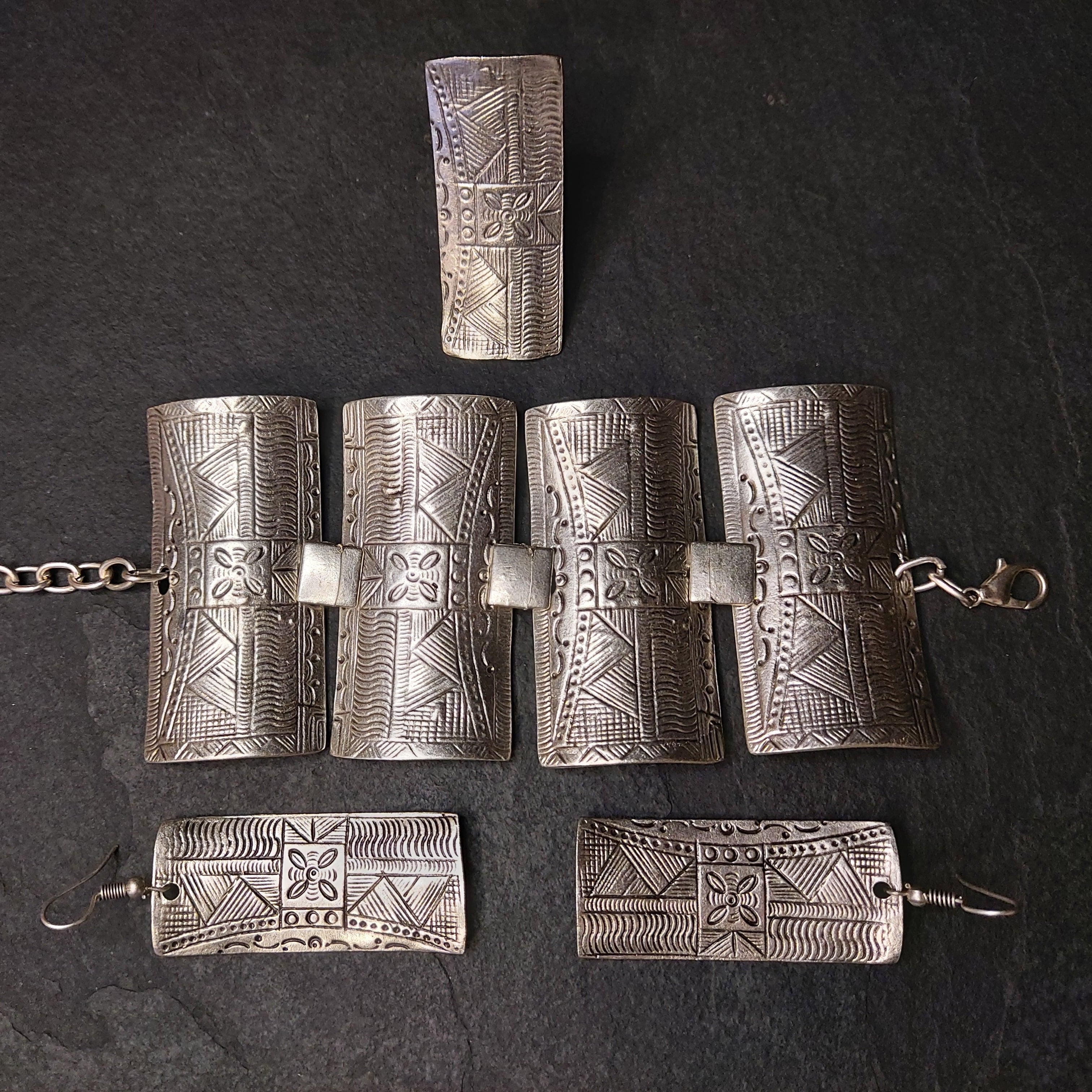 Wide Engraved Silver Bracelet | Tribal Panel Boho Statement