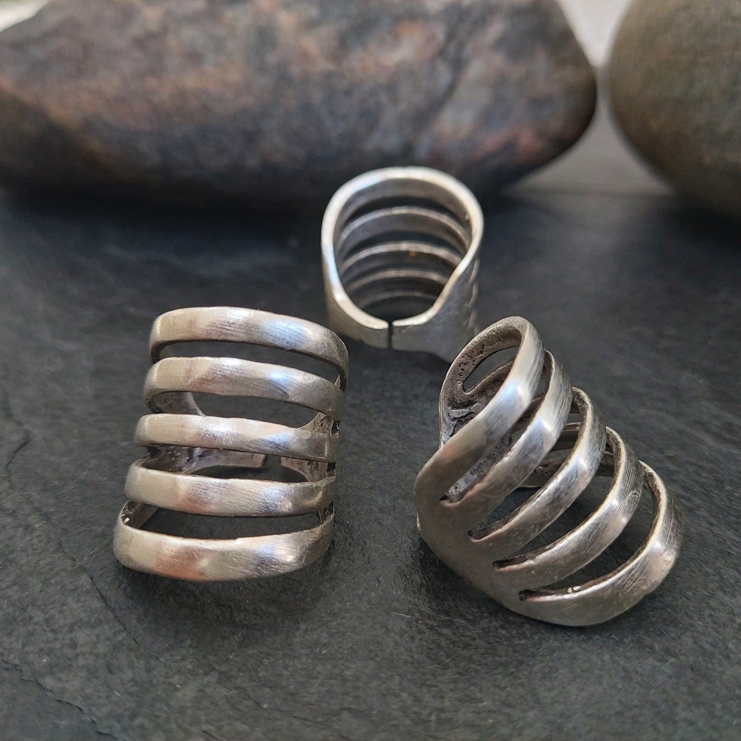 Chunky wide band ring, multi line minimalist brutalist sculptural statement