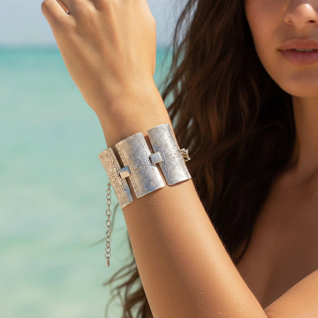 Wide Engraved Silver Bracelet | Tribal Panel Boho Statement