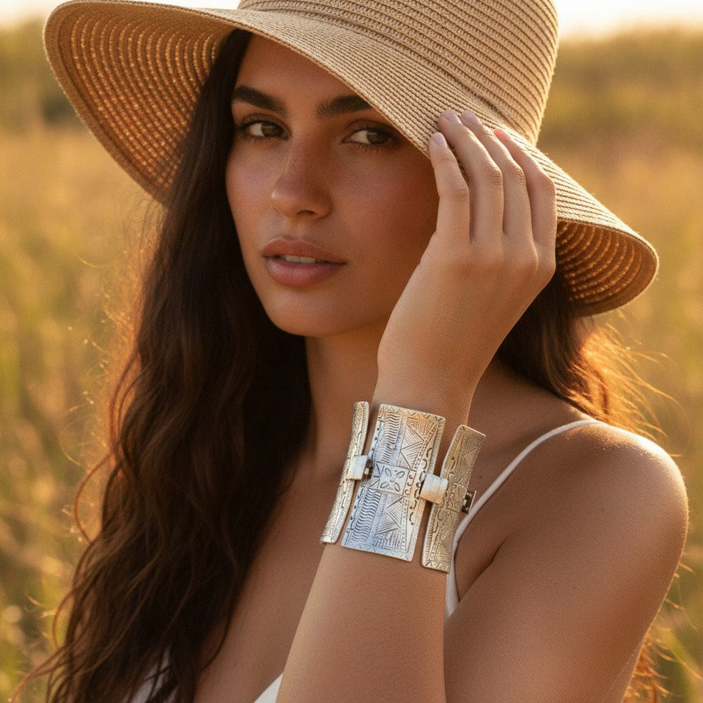 Wide Engraved Silver Bracelet | Tribal Panel Boho Statement