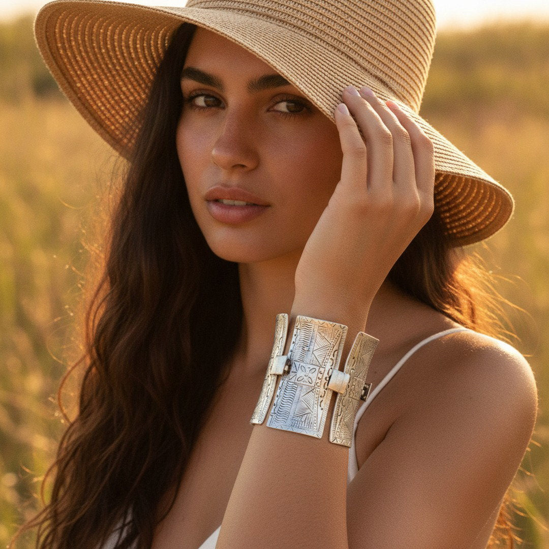 Wide Engraved Silver Bracelet | Tribal Panel Boho Statement