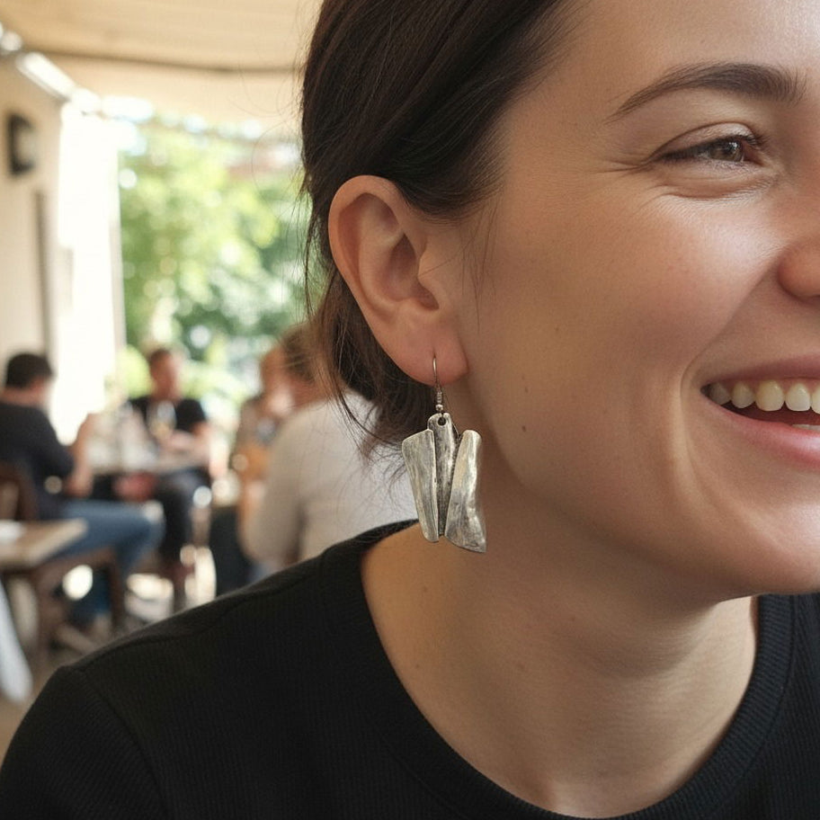 Brutalist silver earrings, geometric sculptural drop statement