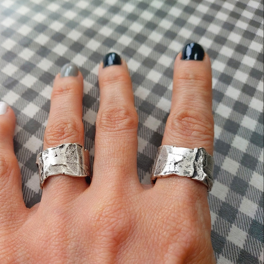 Brutalist ring, raw textured artisan band adjustable silver modernist statement