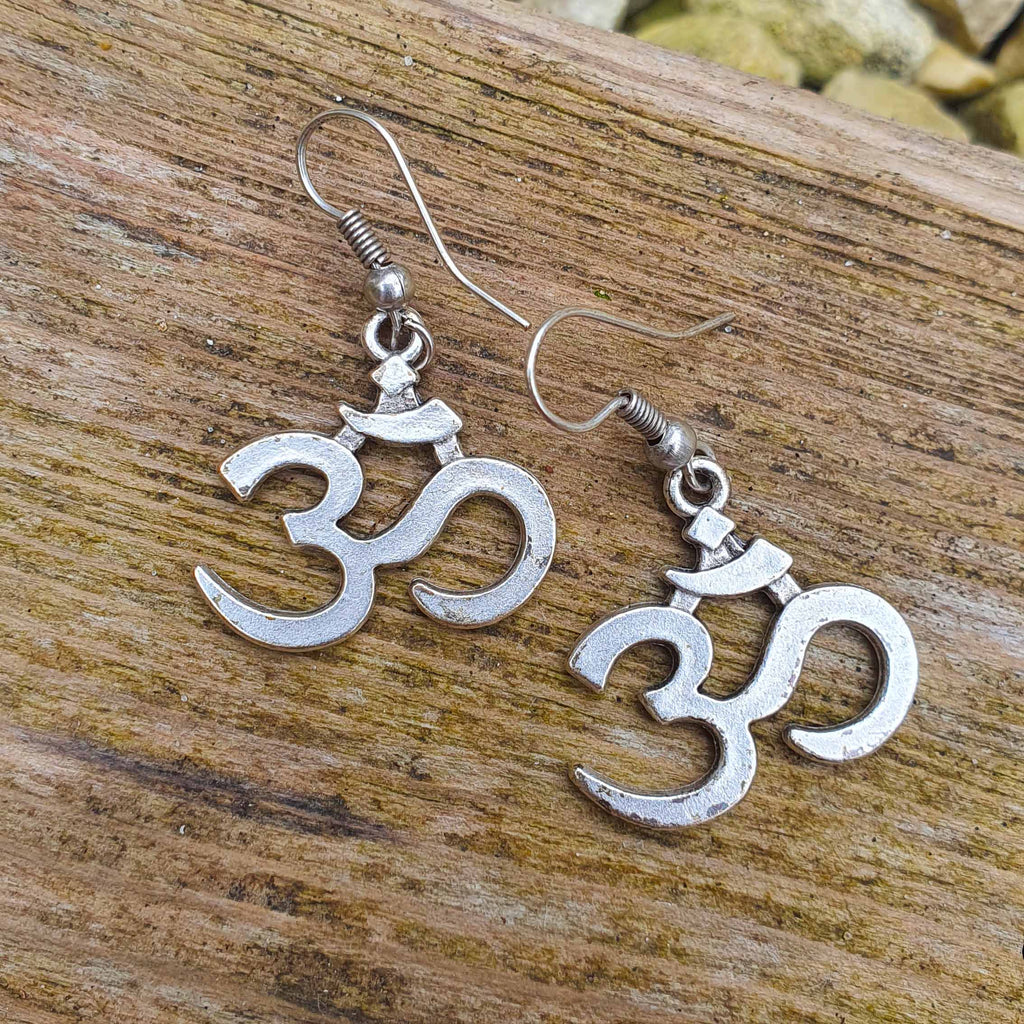 Om symbol silver earrings, yoga spiritual boho zen meditation dangle